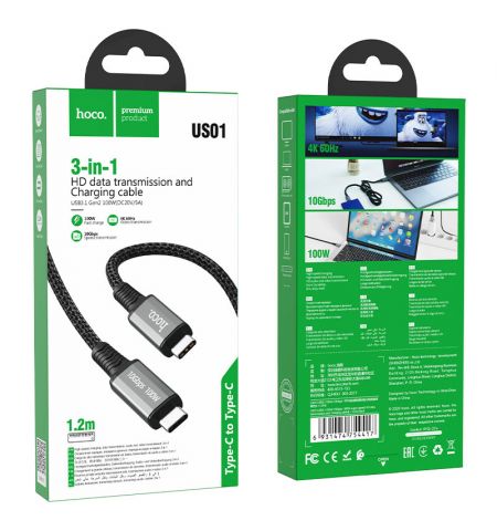Кабель USB-C на USB-C HOCO  US01 / 1m / Nylon braid + Aluminum alloy / USB3.1 GEN2 up to PD100W charging power for laptop / Black