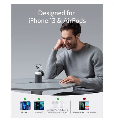 Беспроводное зарядное устройство QI Anker PowerWave Mag-Go 2in1 / 20W / iPhone 12/13 and AirPods / Black