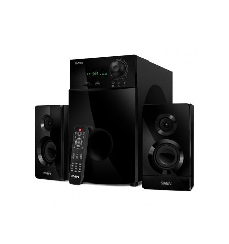 SVEN MS-2100 Black,  2.1 / 50W + 2x15W RMS, FM-tuner, USB & SD card Input, Digital LED display, built-in clock, set the switch-off time, remote control, all wooden, (sub.6.95" + satl.(3.15"+1.5"))