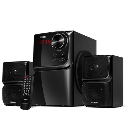 SVEN MS-305 Black,  2.1 / 20W + 2x10W RMS,  Bluetooth v. 2.1 +EDR, Digital LED display, FM-tuner,  USB flash, SD card, remote control, Headphone input, glossy black front panels, wooden.
