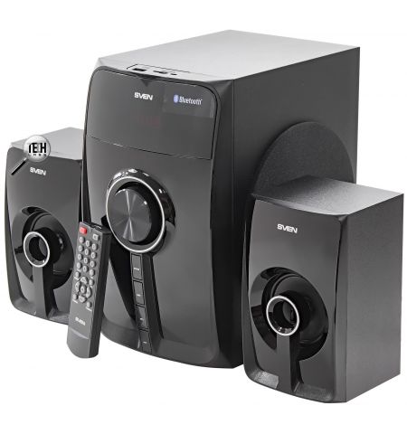 SVEN MS-307 Black,  2.1 / 20W + 2x10W RMS,  Bluetooth v. 2.1 +EDR, Digital LED display, FM-tuner,  USB flash, SD card, remote control, Headphone input, glossy black front panels, wooden.
