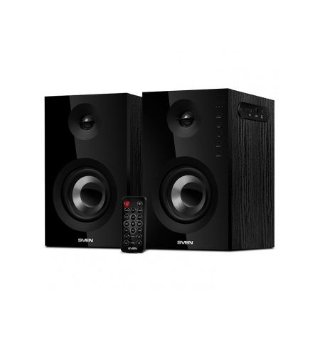 SVEN SPS-721 Black,  2.0 / 2x25W RMS, Bluetooth v. 2.1 +EDR, USB flash, SD card, remote control, Headphone input, glossy black front panels, wooden.