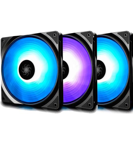 120mm Case Fan (3pcs) - DEEPCOOL "RF120-3in1" 3x RGB LED Fans, Customizable RGB LED Lighting, Two-way Control (Cable Controller & software control), 120x120x25mm, 500-1500rpm, <17.8~27dBa, 56.5CFM, Hydro Bearing, 4Pin, PWM, 12V RGB 4-pin port