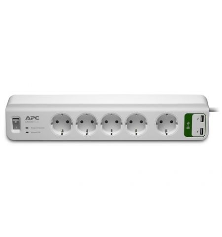 Surge Protector  APC Essential PM5U-RS, 5 Sockets CEE 7 Schuko + 2 USB 5V, 2,4A, 230V, Input power 2300W, Max Input Current 10A, Peak Current 24.0 kA, Surge energy rating 918 joules, 1.83m, White