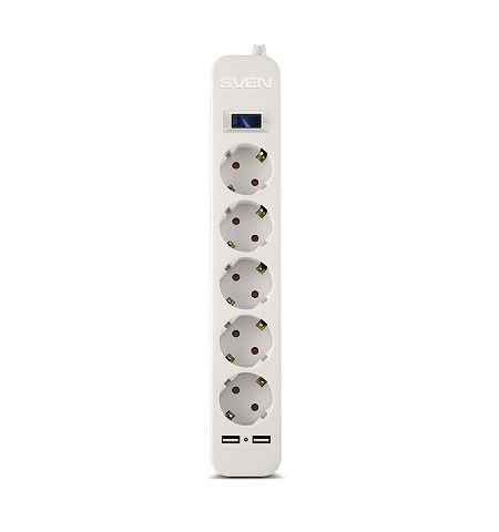 Surge Protector SVEN SF-05LU, 5 Sockets + 2 USB (2,4 A) , 3.0m, White,
