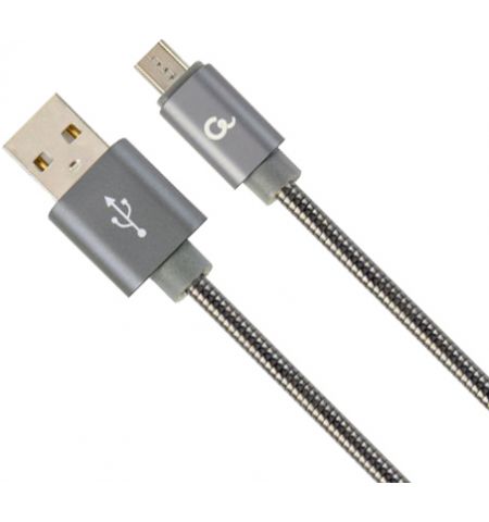 Cable USB2.0/Micro-USB - 1m - Cablexpert CC-USB2S-AMmBM-1M-BG, Premium spiral metal Micro-USB charging and data cable, USB 2.0 A-plug to Micro-USB plug, up to 480 Mb/s, cotton braided, blister, grey