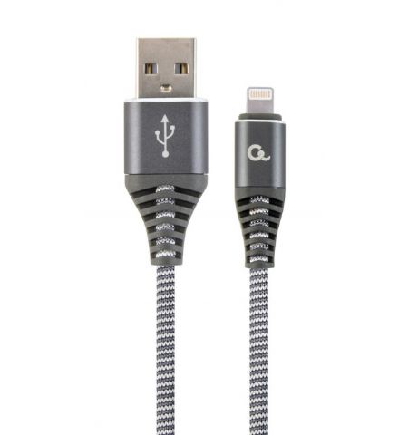 Cable USB2.0/8-pin (Lightning) Premium cotton braided - 2m - Cablexpert CC-USB2B-AMLM-2M-WB2, Spacegrey/White, USB 2.0 A-plug to 8-pin, blister