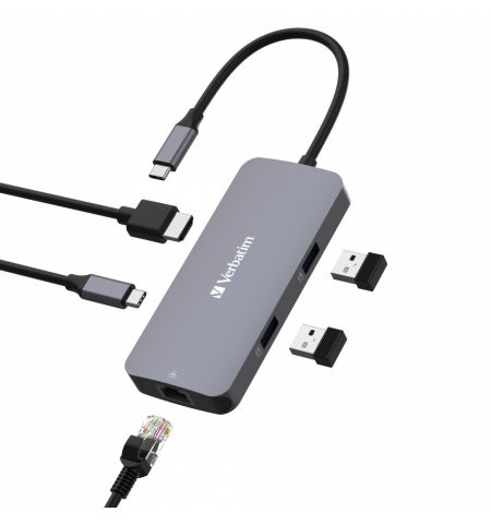 Многопортовый Адаптер Verbatim CMH-05/ USB-C/ 2xUSB-A/ 1xUSB-C (PD 100w)/ HDMI/ RJ45