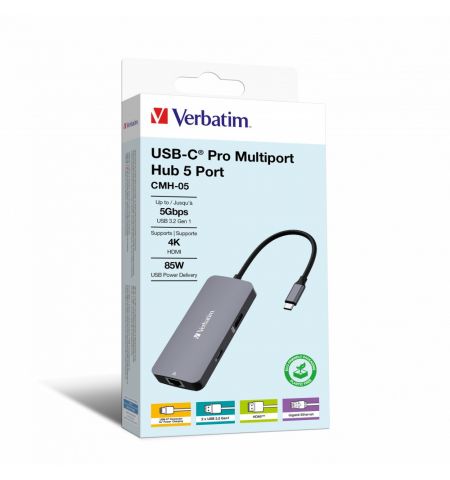Многопортовый Адаптер Verbatim CMH-05/ USB-C/ 2xUSB-A/ 1xUSB-C (PD 100w)/ HDMI/ RJ45