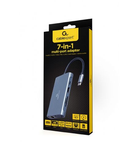 Многопортовый Адаптер Gembird A-CM-COMBO7-01/ USB-C/ 3xUSB-A/ 1xUSB-C (PD 100W)/ HDMI/ VGA/ miniJack 3.5mm/ SD/ microSD