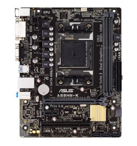 ASUS A68HM-K, Socket FM2/FM2+, AMD A68H, Dual 2xDDR3-2400, APU AMD graphics, DVI, 1x PCIe X16, 4xSATA3(6Gb/s), RAID, 1x PCIe X1, 1x PCI, ALC887 7.1ch HDA, GigaBit LAN, 2xUSB3.0(5Gb/s), mATX