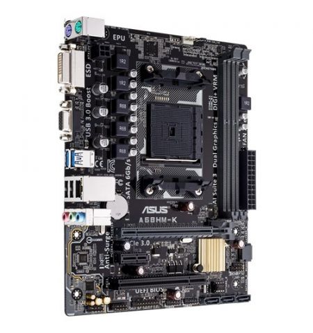 ASUS A68HM-K, Socket FM2/FM2+, AMD A68H, Dual 2xDDR3-2400, APU AMD graphics, DVI, 1x PCIe X16, 4xSATA3(6Gb/s), RAID, 1x PCIe X1, 1x PCI, ALC887 7.1ch HDA, GigaBit LAN, 2xUSB3.0(5Gb/s), mATX