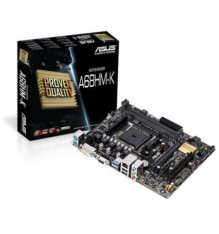 ASUS A68HM-K, Socket FM2/FM2+, AMD A68H, Dual 2xDDR3-2400, APU AMD graphics, DVI, 1x PCIe X16, 4xSATA3(6Gb/s), RAID, 1x PCIe X1, 1x PCI, ALC887 7.1ch HDA, GigaBit LAN, 2xUSB3.0(5Gb/s), mATX