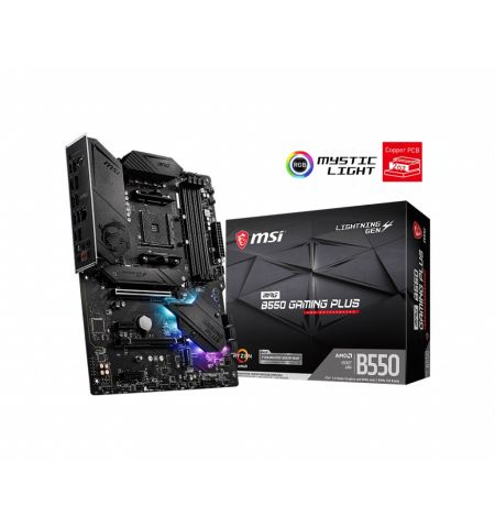 MSI MPG B550 GAMING PLUS, Socket AM4, AMD B550, Dual 4xDDR4-4400+, APU AMD graphics, HDMI, DP, 2xPCIe4.0 X16, 6xSATA3, RAID, 2xM.2 Gen4.0 x4, 2xPCIe X1, ALC897 HDA 7.1/SPDIF, 1xGbE LAN, 2xUSB3.2 Gen2 (A+C), 5xUSB3.2(1xC+4xA), RGB Mystic Light, ATX