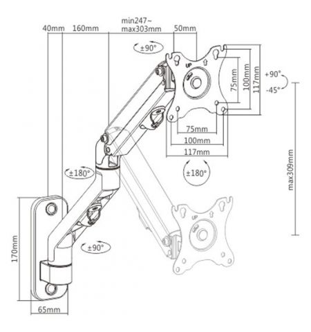 Monitor wall mount arm for 1 monitor up to 27”  Gembird MA-WA1-02, Adjustable wall display mounting arm (rotate, tilt, swivel),  VESA 75/100, up to 9 kg, black
