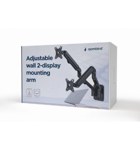 Monitor wall mount arm for 2 monitors up to 17-27”  Gembird MA-WA2-01, Adjustable wall 2 display mounting arm (rotate, tilt, swivel),  VESA 75/100, up to 7 kg, black