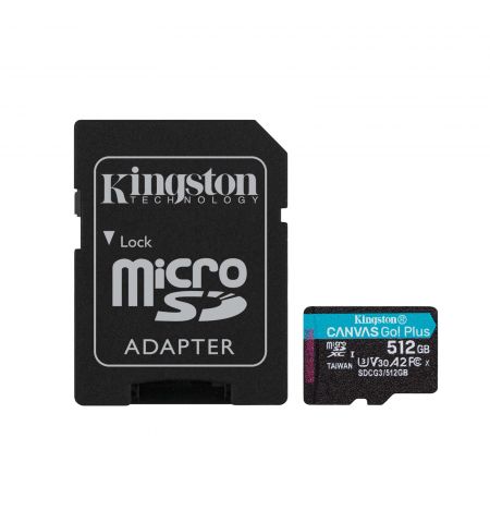 512GB microSD Class10 A2 UHS-I U3 (V30) Kingston Canvas Go! Plus, Ultimate, Read: 170Mb/s, Write: 90Mb/s, Ideal for Android mobile devices, action cams, drones and 4K video production