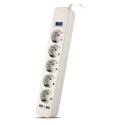 Surge Protector SVEN SF-05LU, 5 Sockets + 2 USB (2,4 A) , 1.8m, White,