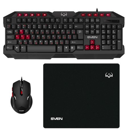 SVEN GS-9200 Gaming Set, Keyboard+Mouse+MousePad, keys 14 keys, 10 Fn-keys, mouse 5+1(800-2400 DPI) , USB, Black, Rus/Ukr/Eng