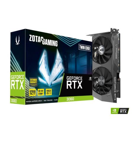 ZOTAC GeForce RTX™ 3060 Twin Edge 12GB GDDR6, 192bit, 1777/15000Mhz, Ampere, PCIeX16 4.0, Dual Fan / IceStorm 2.0, 1xHDMI, 3xDisplayPort, Active Fan Control/ FREEZE Fan Stop, Cooper Heat pipes, FireStorm, Metal Backplate, 1x 8pin, Medium Pack