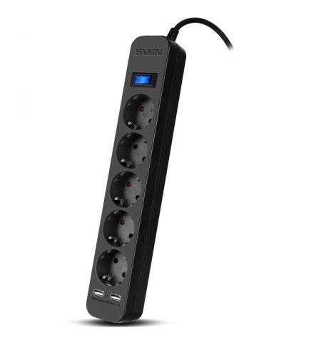 Surge Protector SVEN SF-05LU, 5 Sockets + 2 USB (2,4 A) , 3.0m, Black, color box