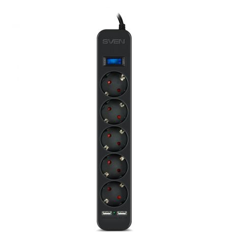 Surge Protector SVEN SF-05LU, 5 Sockets + 2 USB (2,4 A) , 3.0m, Black, color box