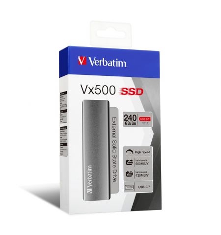 M.2 External SSD 240GB  Verbatim Vx500 USB 3.1 Gen 2, Sequential Read/Write: up to 500/430 MB/s, Windows®, Mac, PS4 and Xbox One compatible, Light, Portable, Durable, Ultra-compact aluminum housing, Low power consumption