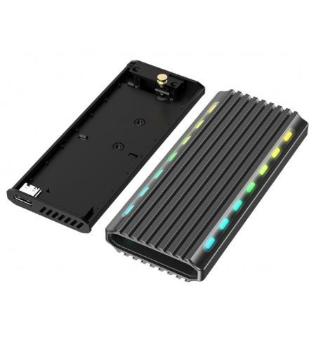 USB enclosure for M.2 NVMe drives, USB 3.1 gen 2 (10 Gbps), RGB LED backlight, aluminum, support: M.2 of 22 mm 2230, 2242, 2262, 2280, SATA and NVMe; M-, B-, M+B key, 0.20m cable USB-C/A