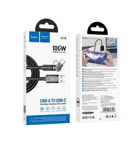 Кабель USB на Type-C HOCO “U118 Triumph” / 1.2m / Zinc alloy / 60W / up to 3A / Black