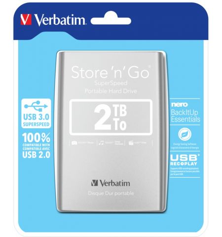 2.5” Внешний HDD Verbatim Store 'n' Go G1 / USB3.0 / 2.0TB / Silver