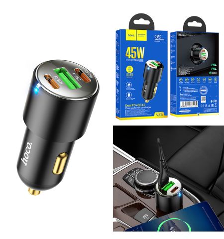 Автомобильное зарядное устройство USB HOCO ”NZ6”/ USB + 2xUSB-C, Total output: 45W / up to PD45W / QC3.0 / Black