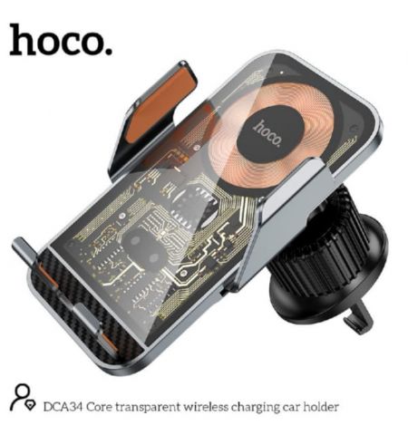 Автомобильный держательHOCO DCA34, Core transparent wireless charging car holder, Output: up to 15W, USB-C, Material: Magnesium aluminum alloy + ABS/PC, Black