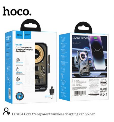 Автомобильный держательHOCO DCA34, Core transparent wireless charging car holder, Output: up to 15W, USB-C, Material: Magnesium aluminum alloy + ABS/PC, Black