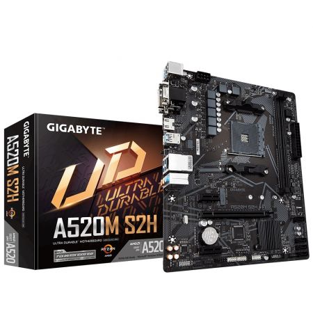 GIGABYTE GA-A520M-S2H, Socket AM4, AMD A520, Dual 2xDDR4-5100, APU AMD graphics, VGA, DVI, HDMI, 1xPCIe X16, 4xSATA3, RAID, 1xM.2, 2xPCIe X1, ALC887 HDA, GbE LAN, 6xUSB3.2, RGB Fusion 2.0, mATX