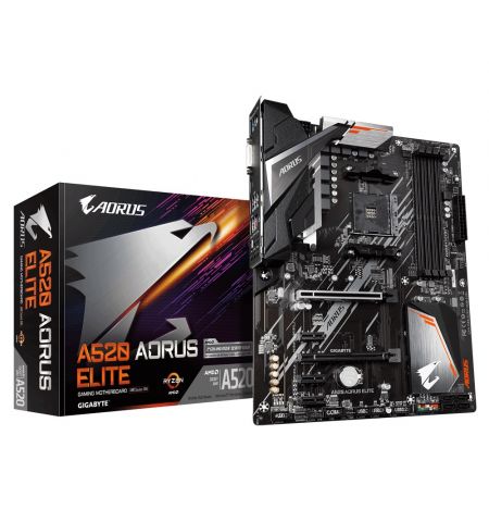 GIGABYTE GA-A520 AORUS Elite, Socket AM4, AMD A520, Dual 4xDDR4-4733, APU AMD graphics, DVI, HDMI, 2xPCIe X16, 4xSATA3, RAID, 1xM.2, 3xPCIe X1, ALC1200 HDA, S/PDIF, GbE LAN, 1xUSB3.2Gen2, 5xUSB3.2, RGB Fusion 2.0, ATX