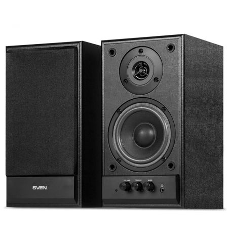 SVEN SPS-702 Black leather,  2.0 / 2x20W RMS, Control unit on the front panel, Magnetic shielding, headphone jack, wooden, (4”+3/4”)