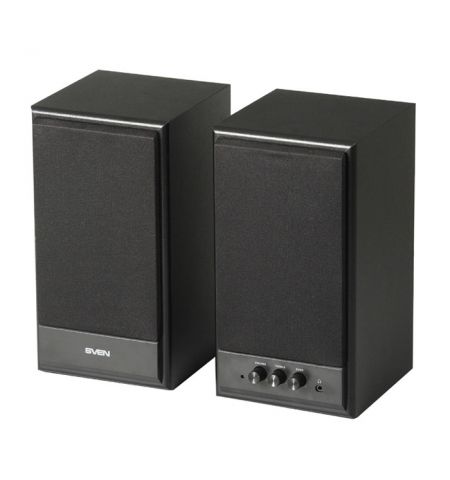 SVEN SPS-702 Black leather,  2.0 / 2x20W RMS, Control unit on the front panel, Magnetic shielding, headphone jack, wooden, (4”+3/4”)