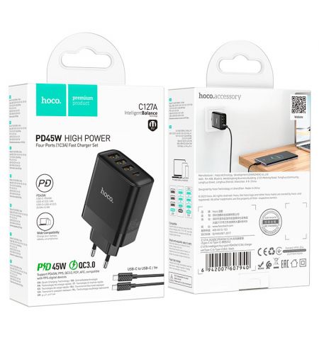 Зарядное устройство HOCO C127A  Intelligent / up to PD45W / QC3.0, Black