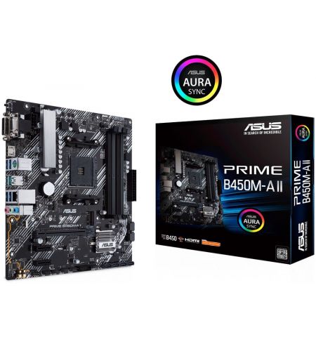 ASUS PRIME B450M-A II, Socket AM4, AMD B450, Dual 4xDDR4-4400, APU AMD graphics, VGA, DVI, HDMI, 1xPCIe X16, 6xSATA3, RAID, 1xM.2, ALC887 HDA, 2xPCIe X1, GbE LAN, 2xUSB3.2 Gen 2, 6xUSB3.2, Aura Sync RGB, 5X Pro.III, mATX