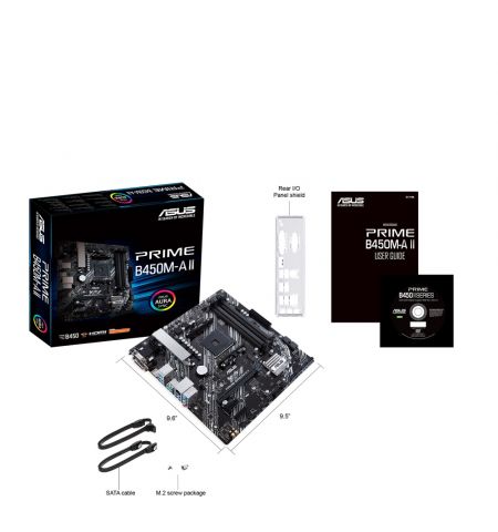 ASUS PRIME B450M-A II, Socket AM4, AMD B450, Dual 4xDDR4-4400, APU AMD graphics, VGA, DVI, HDMI, 1xPCIe X16, 6xSATA3, RAID, 1xM.2, ALC887 HDA, 2xPCIe X1, GbE LAN, 2xUSB3.2 Gen 2, 6xUSB3.2, Aura Sync RGB, 5X Pro.III, mATX
