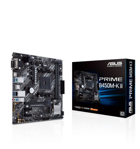 ASUS PRIME B450M-K II, Socket AM4, AMD B450, Dual 2xDDR4-4400, APU AMD graphics, VGA, DVI, HDMI, 1xPCIe X16, 4xSATA3, RAID, 1x M.2 slot, 2xPCIe X1, ALC887 7.1ch HDA, GbE LAN,  2xUSB3.1 Gen 2, 6xUSB3.2, 5X Pro.III, mATX