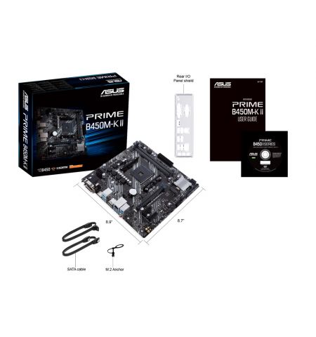 ASUS PRIME B450M-K II, Socket AM4, AMD B450, Dual 2xDDR4-4400, APU AMD graphics, VGA, DVI, HDMI, 1xPCIe X16, 4xSATA3, RAID, 1x M.2 slot, 2xPCIe X1, ALC887 7.1ch HDA, GbE LAN,  2xUSB3.1 Gen 2, 6xUSB3.2, 5X Pro.III, mATX