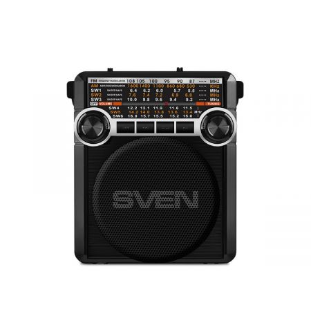 SVEN SRP-355 Black, FM/AM/SW Radio, 3W RMS, 8-band radio receiver, built-in audio files player from USB-fash, microSD and SD card storage devices, telescopic swivel antenna, built-in battery