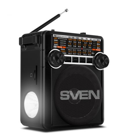 SVEN SRP-355 Black, FM/AM/SW Radio, 3W RMS, 8-band radio receiver, built-in audio files player from USB-fash, microSD and SD card storage devices, telescopic swivel antenna, built-in battery