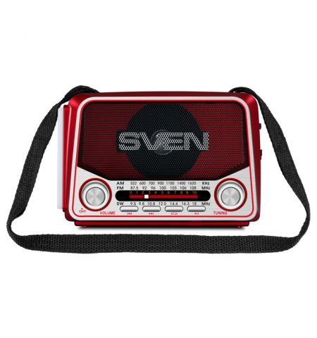 SVEN SRP-525 Red, FM/AM/SW Radio, 3W RMS, 8-band radio receiver, built-in audio files player from USB-fash, microSD and SD card storage devices, telescopic swivel antenna, built-in battery