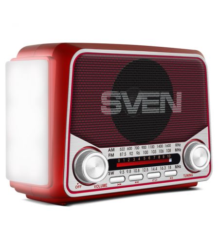 SVEN SRP-525 Red, FM/AM/SW Radio, 3W RMS, 8-band radio receiver, built-in audio files player from USB-fash, microSD and SD card storage devices, telescopic swivel antenna, built-in battery