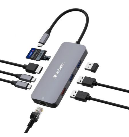 Многопортовый Адаптер Verbatim CMH-09/ USB-С/ 2xUSB-A 3.2/ 1xUSB-A 3.2(Gen 2)/ 2xUSB-C 3.2(Gen 2)/ HDMI/ RJ45/ SD/ microSD