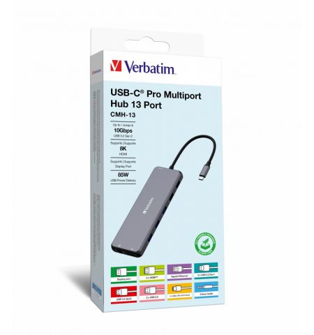 Многопортовый Адаптер Verbatim CMH-13/ USB-С/ 3xUSB-A 3.2/ 1xUSB-A 3.2(Gen2)/ 2xUSB-A/ 2xUSB-C/ 2xHDMI/ 1xDP/ RJ45