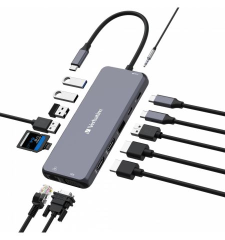 Многопортовый Адаптер Verbatim CMH-14/ USB-С/ 3xUSB-A 3.2/ 2xUSB-A/ 1xUSB-C PD(100W)/ 2xHDMI/ 1xVGA/ RJ45/ SD/ microSD