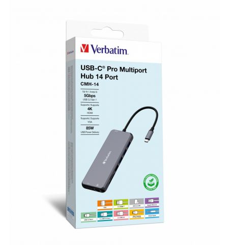 Многопортовый Адаптер Verbatim CMH-14/ USB-С/ 3xUSB-A 3.2/ 2xUSB-A/ 1xUSB-C PD(100W)/ 2xHDMI/ 1xVGA/ RJ45/ SD/ microSD